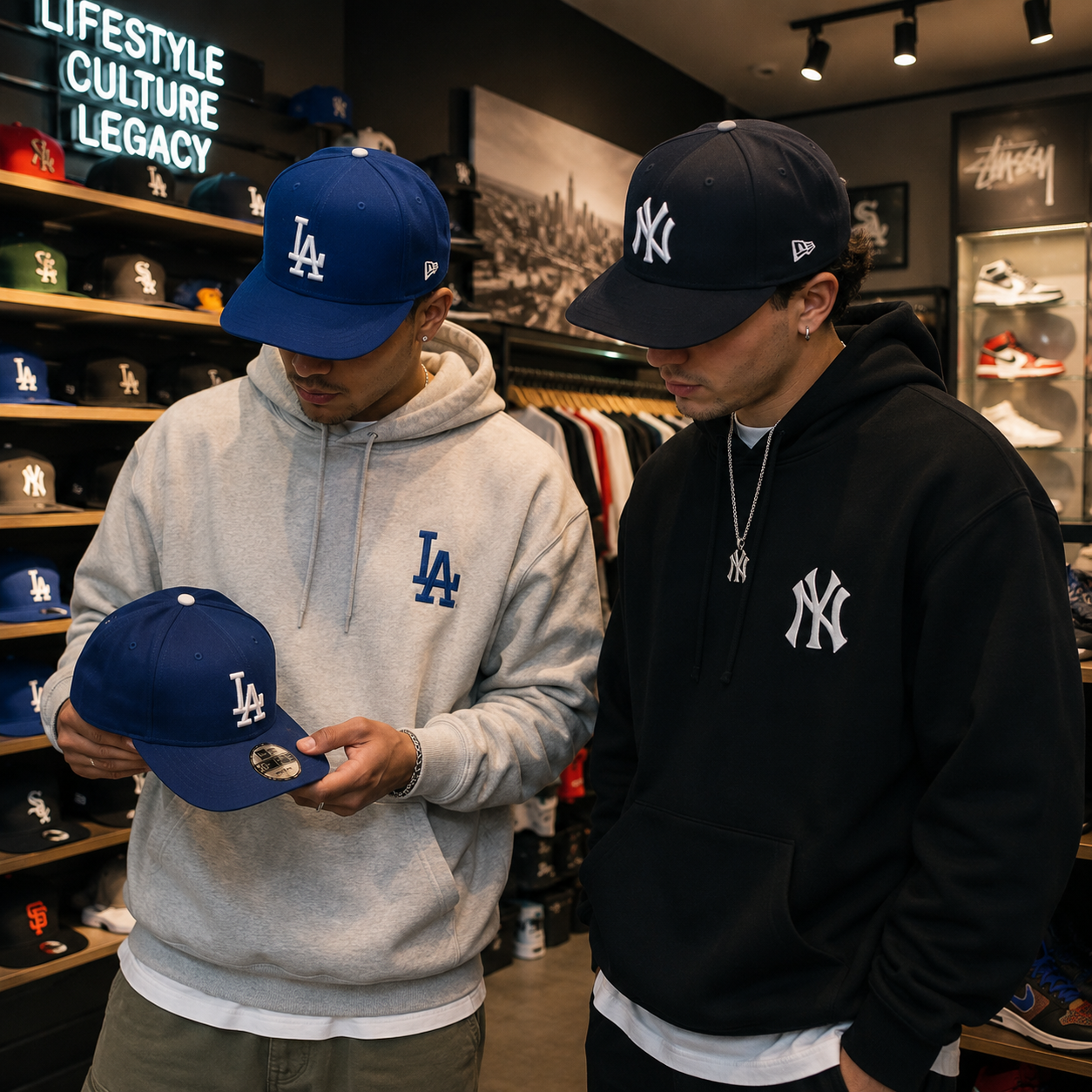 Two friends trying on fitted caps in a hat store